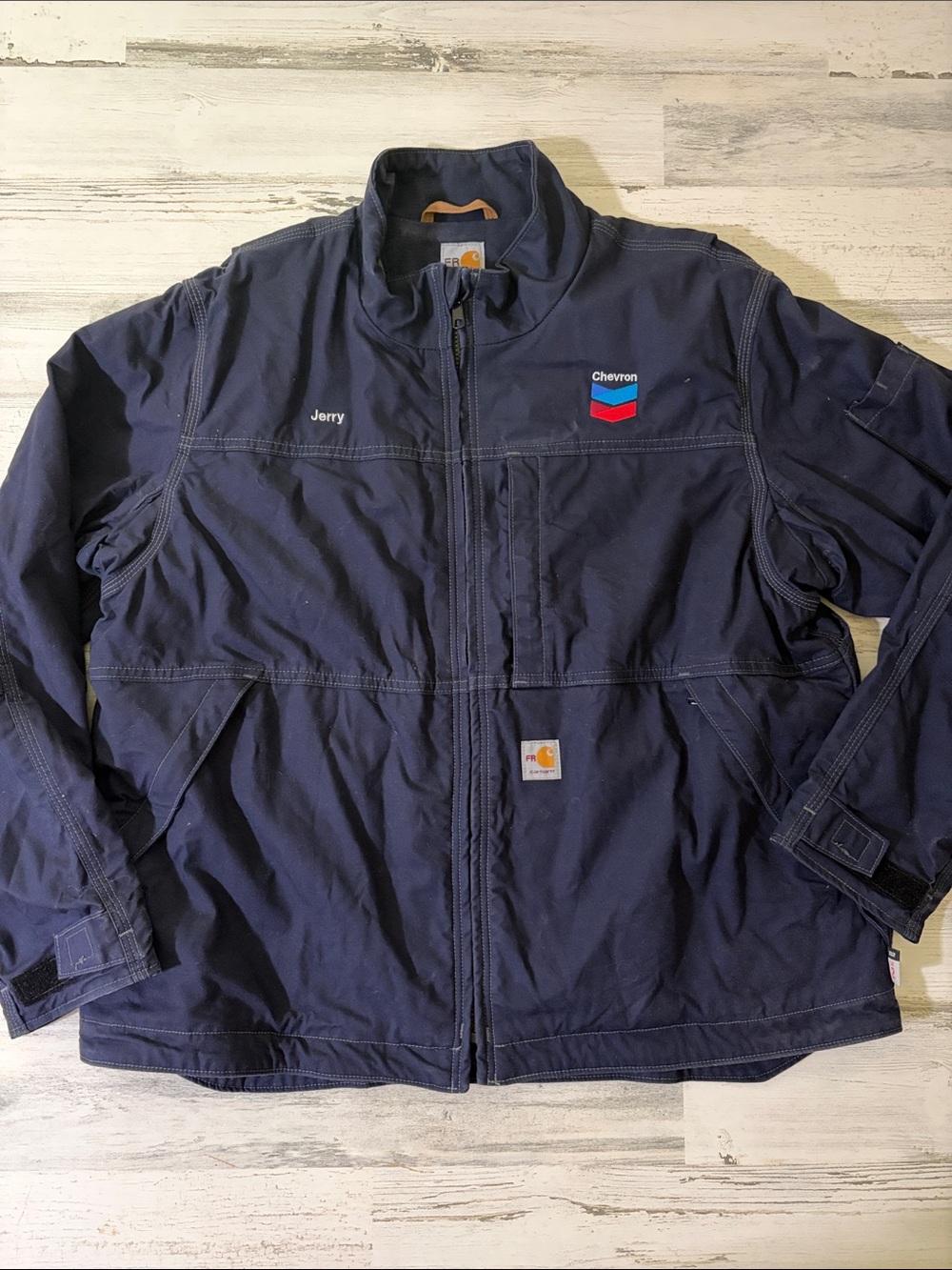 Carhartt Navy Work Jacket with Chevron Logo Fire Resistant Size XL